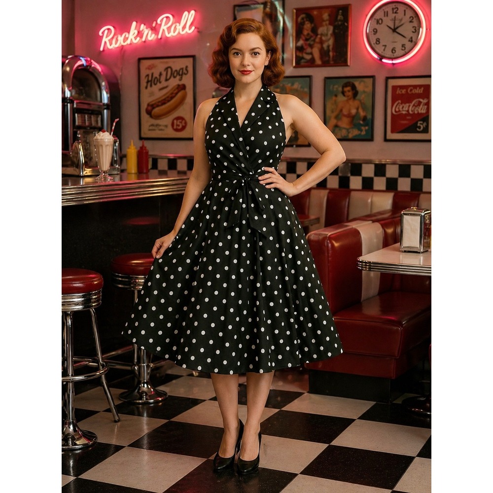 Vintage Jessica Howard Black White Polka‎ Dot Rockabilly Swing Midi Dress